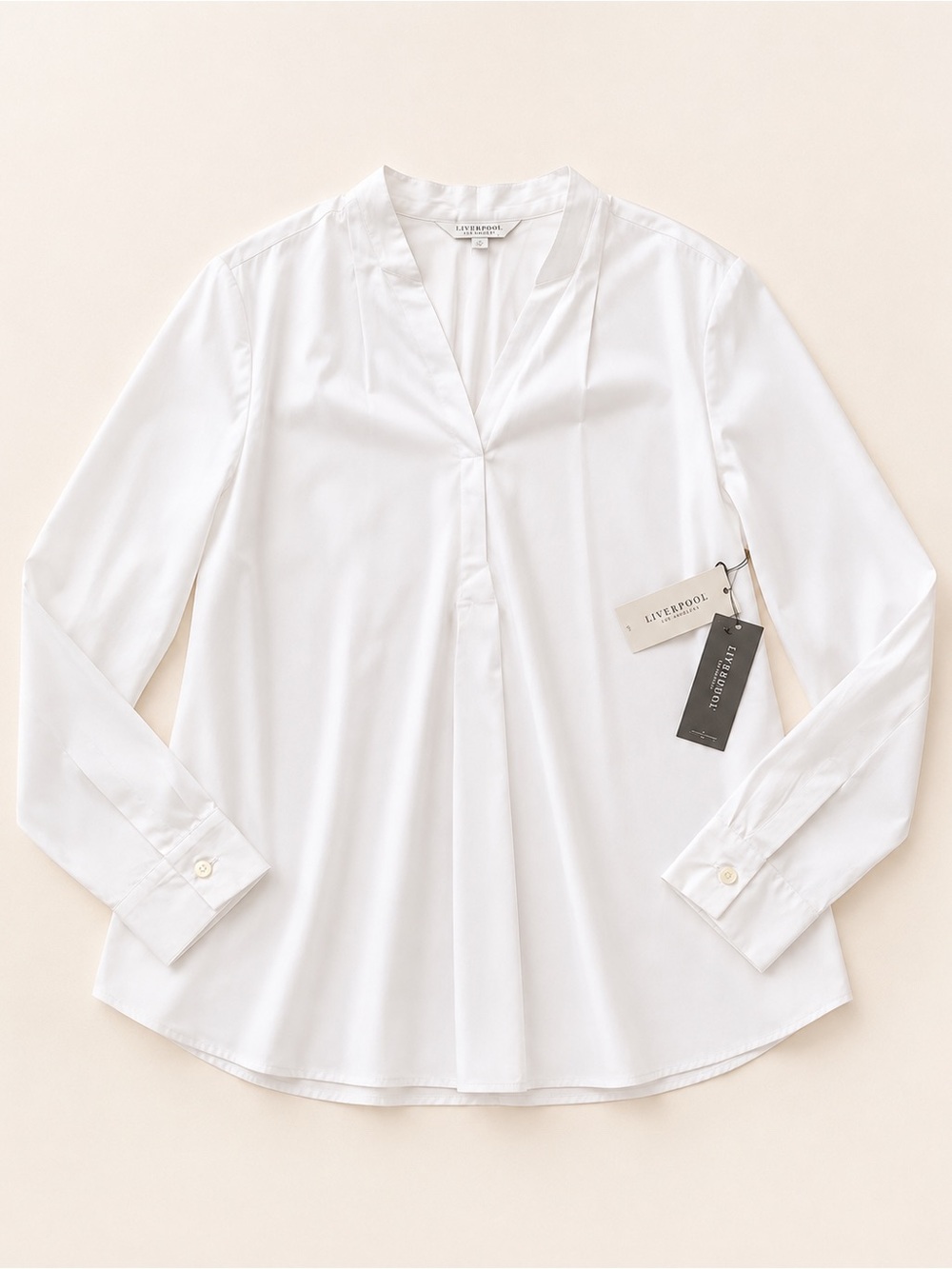 Liverpool White Pleated V-Neck Long-Sleeve Blouse